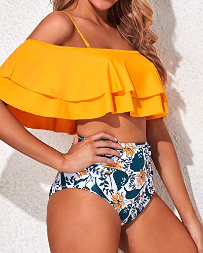 Flattering Off Shoulder Two Piece Bathing Suit-Yellow Floral