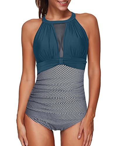 Charming Push-Up One Piece Swimsuit Neck Hook For Women-Teal Stripe
