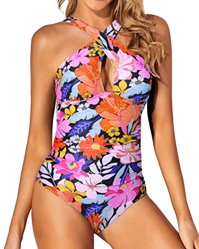 Removable Pad Long Torso Women One Piece Swimsuits-Pink Flowers