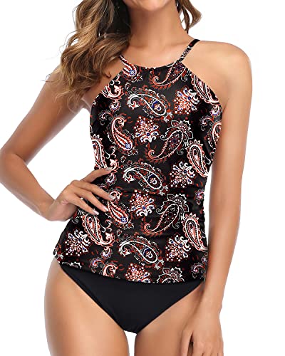 Sexy High Neck Ruched Tankini Swimsuit For Women-Black Tribal