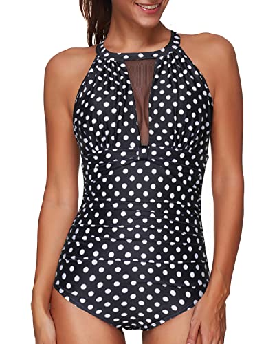 TemptMeUS Ruched Monokini See-Through Mesh Women One Piece Swimsuit-Black Dot XL / Black DOT6