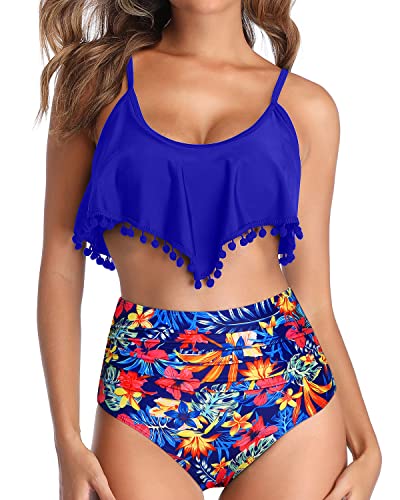High Waisted Bikini Ruffle Swimsuit Bottoms Ruched High Rise Bottom-Royal Blue Floral