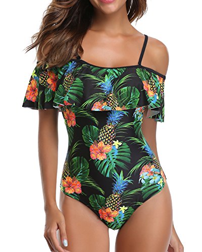 Ruffled Retro Bathing Suit Flounce Printed Swimwear Off Shoulder One Piece Swimsuit-Black Pineapple