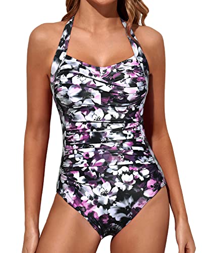 High Waisted Swimsuits Halter Vintage Swimwear-Purple Flowers