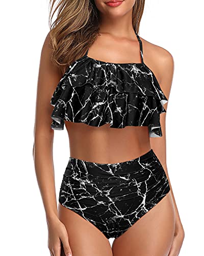 Sultry Backless Two Piece Swimsuits Ruffled Halter Top For Teens-Black Marble