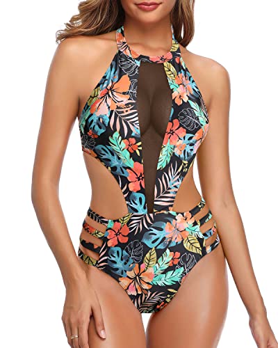 Halter Strap Sexy Swimsuit High Neck Backless One Piece-Black Red Flower