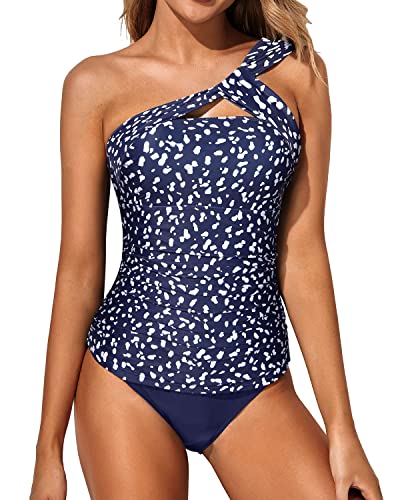 Flattering One Shoulder Backless & Strapless One Shoulder Tankini Swimsuit-Navy Blue Dots