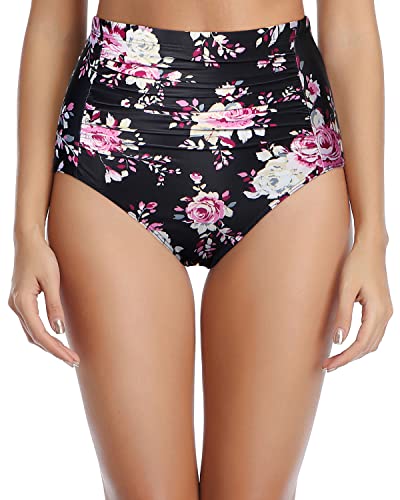 Not See-Through Swim Bottoms Ruched Bathing Suit Bottom-Black And Pink Floral