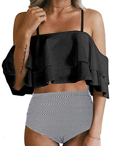 Flattering Two Piece Swimsuit For Women High Waisted Bikini Bottoms-Black Stripe