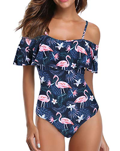 Off Shoulder Ruffled Retro One Piece Swimsuit For Women-Blue Flamingo
