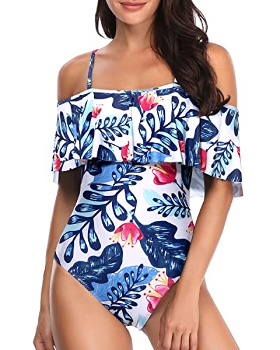 Slimming Off Shoulder Vintage One Piece Swimsuits-White And Blue Floral