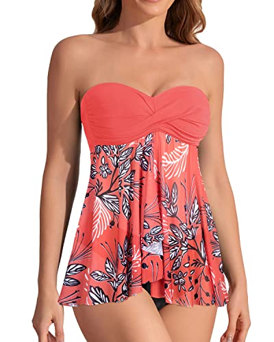 Women's Strapless Bandeau 2 Piece Tankini Swimsuits-Pink Flower