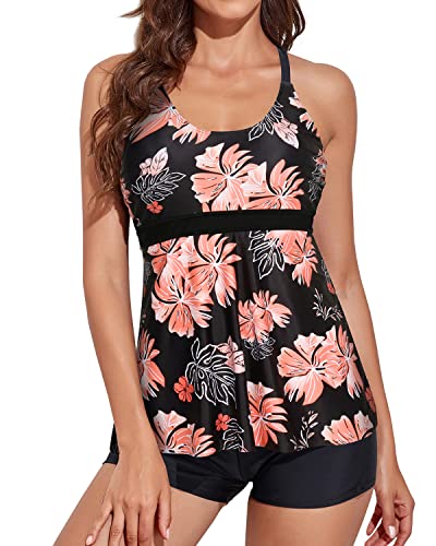 Adjustable Shoulder Straps Tankini Boyshorts Swimsuit-Black And Orange Floral