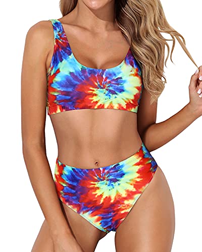 Two Piece Bikini Removable Padded Push Up Bra Sports Swimsuits For Women-Color Tie Dye