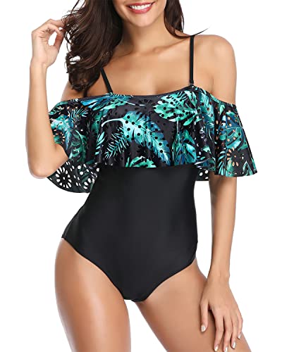 One Piece Off Shoulder Lace Swimsuits Ruffle Flounce Hollow Bathing Suits-Black And Green Leaves