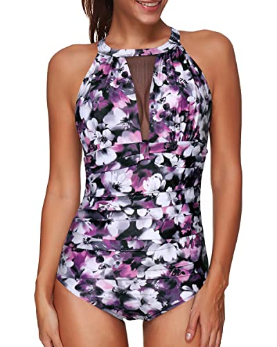Women's High Neck Ruched Monokini Swimsuit Plunge Mesh Detailing-Purple Floral