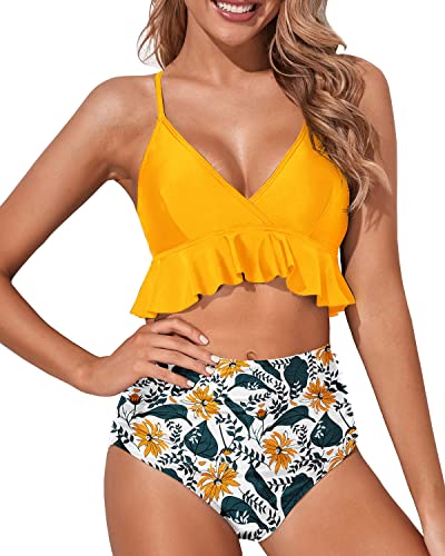 Women's Charming Ruched Bottom Bikini Swimsuit-Yellow Floral