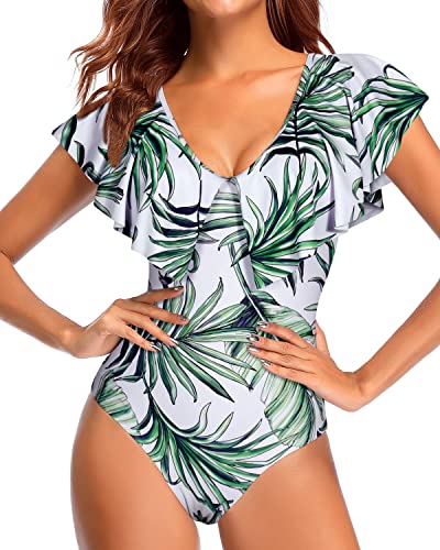 Slimming Teen Girls' Flounce Sleeve V Neck One Piece Swimsuit-Green Leaf