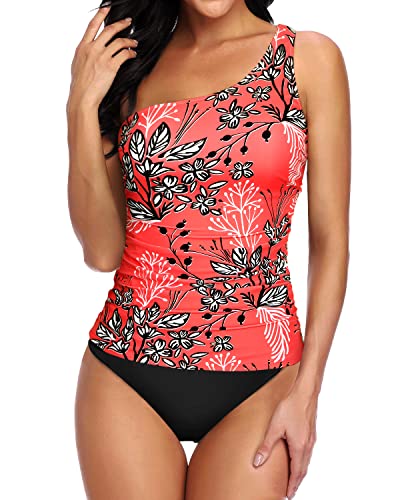 Asymmetric One Shoulder Strap Suit For Women Tankini Two Piece-Red Floral