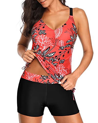 Athletic Style Tummy Control Tankini Shorts For Women-Red Floral