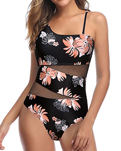 Stylish Asymmetrical Mesh Front Swimsuit For Curvy Women-Black Orange Floral