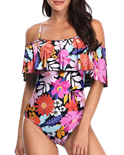 Retro-Style One Piece Swimsuit Ruffled Sleeves-Pink Floral