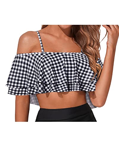 Gorgeous Off-The-Shoulder Flounce Swimsuit Top For Women-Black And White Checkered