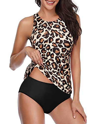 Tummy Control Halter Two Piece Tankini Swimsuits For Women-Black And Leopard