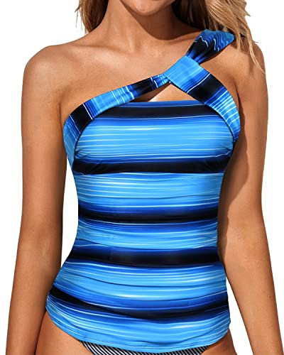 Stylish One Shoulder Tankini Top Padded Bra Swim Tops-Black And Blue Stripes