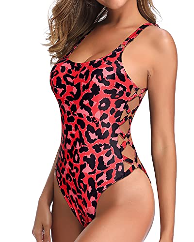 Low Neckline Side Strap Ladies One Piece Swimsuits-Red Leopard