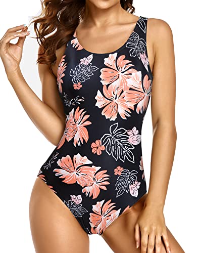 Athletic Training Bathing Suits Criss Cross One Piece Swimsuits For Teen Girls-Black Orange Floral