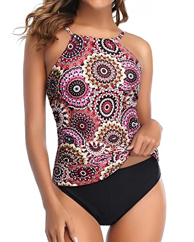 Charming High Neck Tankini High Cut Bottom-Brown Print