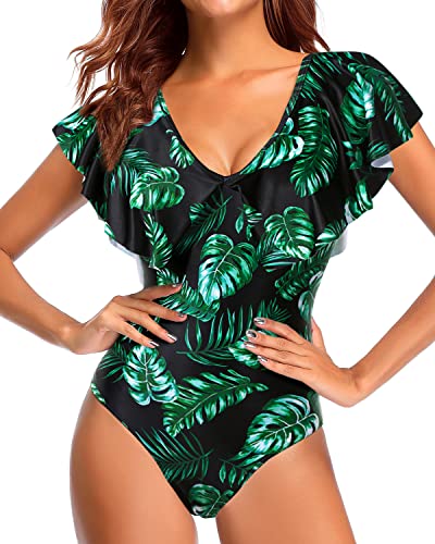 Women V Neck Flounce Sleeve Tummy Control Ruffle Shoulders One Piece Swimsuit-Black Green Leaves