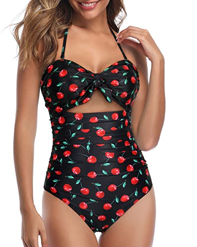 High Waisted Knot Bathing Suit Halter Backless One Piece Swimsuits-Black Cherry