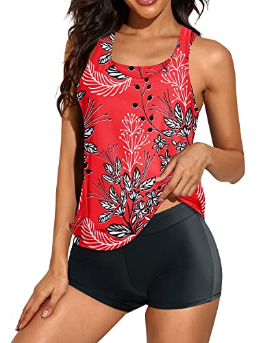 Athletic 3 Piece Tankini Swimwear Keyhole For Women-Red Floral
