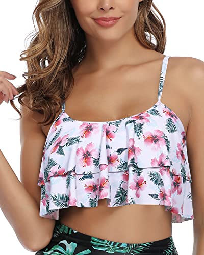 Adjustable Bra Style Women Flounce Swimsuit Top-White And Pink Floral