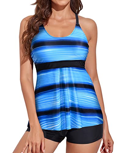 Removable Padded Bras Tankini Boyshorts Swimsuit-Blue And Black Stripe