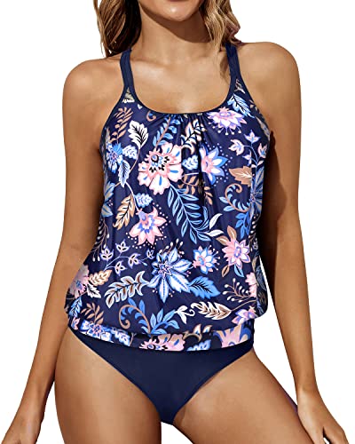Adjustable Shoulder Straps Tankini Swimsuits-Blue Floral