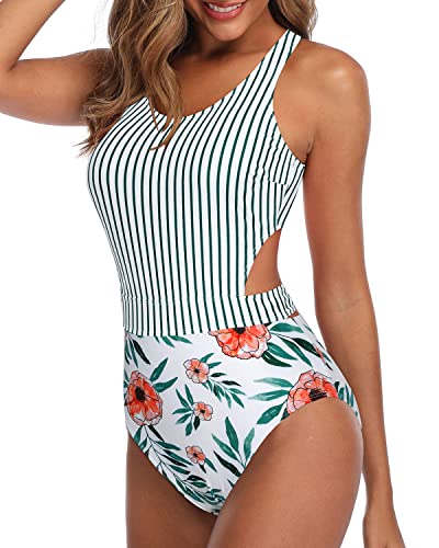 High Waist One Piece Tummy Control Cutout Swimsuits For Teen Girls-White Floral