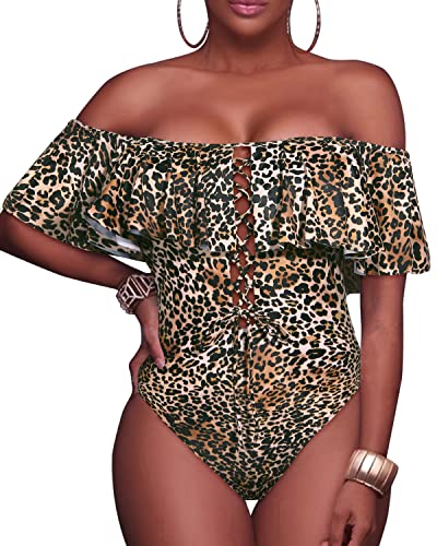 Strapless One Piece Bathing Suit Lace-Up Front Ruffle Flounce Sexy Swimsuit-Brown Leopard