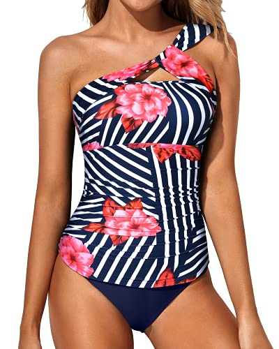 Tankini Bathing Suits For Women One Shoulder Swim Top And Shorts Swimsuits-Blue Floral