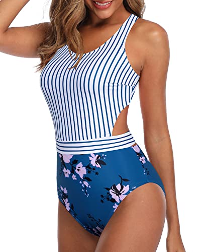 Teen Girls Tummy Control Cutout Bathing Suit-Blue Floral
