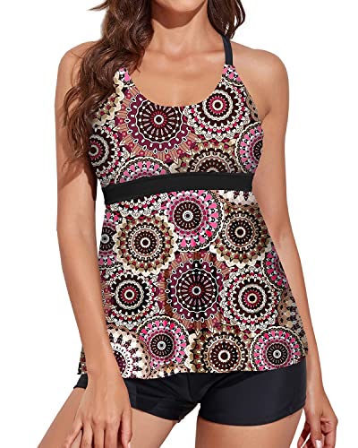 Tummy Control Tankini Swimsuits Flowy Shorts For Women-Brown Print