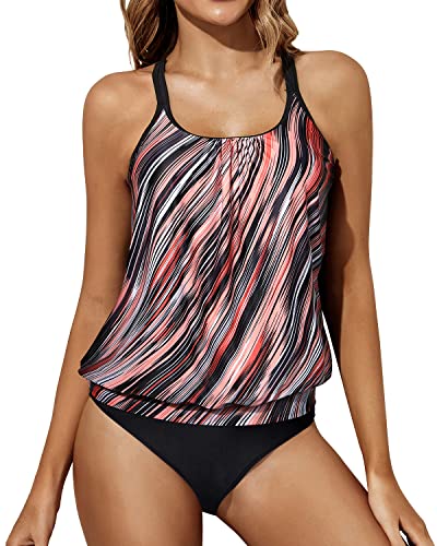 Tummy Control Blouson Two Piece Tankini Bottoms-Pink Black Stripes