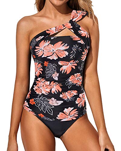 Chubby Girls & Young Moms Two Piece Tankini Bathing Suits For Women-Black Orange Floral