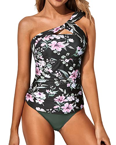Sexy Two Piece Tankini Bathing Suits One Shoulder Swim Top Shorts Swimsuits-Black Pink Flowers
