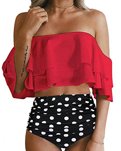 Sexy High Waisted Ruched Two Piece Bikini Set Swimsuit-Red Dot