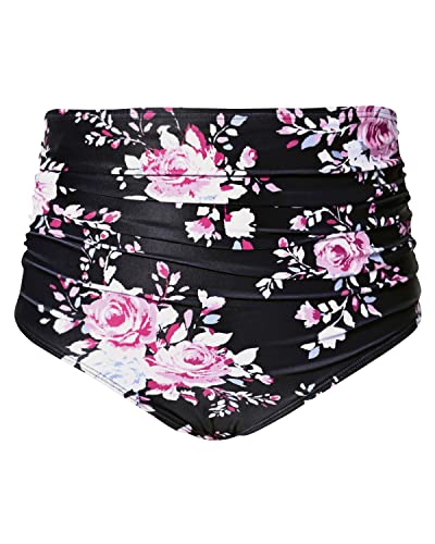 Stylish High Waisted Bikini Bottom Shirred Tankinis Brief-Black And Pink Floral