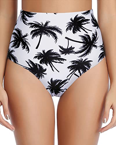 Women's High Waisted Tummy Control Swimsuit Bottoms-Black Palm Tree