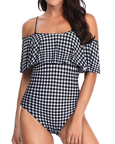 Stylish Off Shoulder One Piece Swimwear For Girls-Black And White Checkered